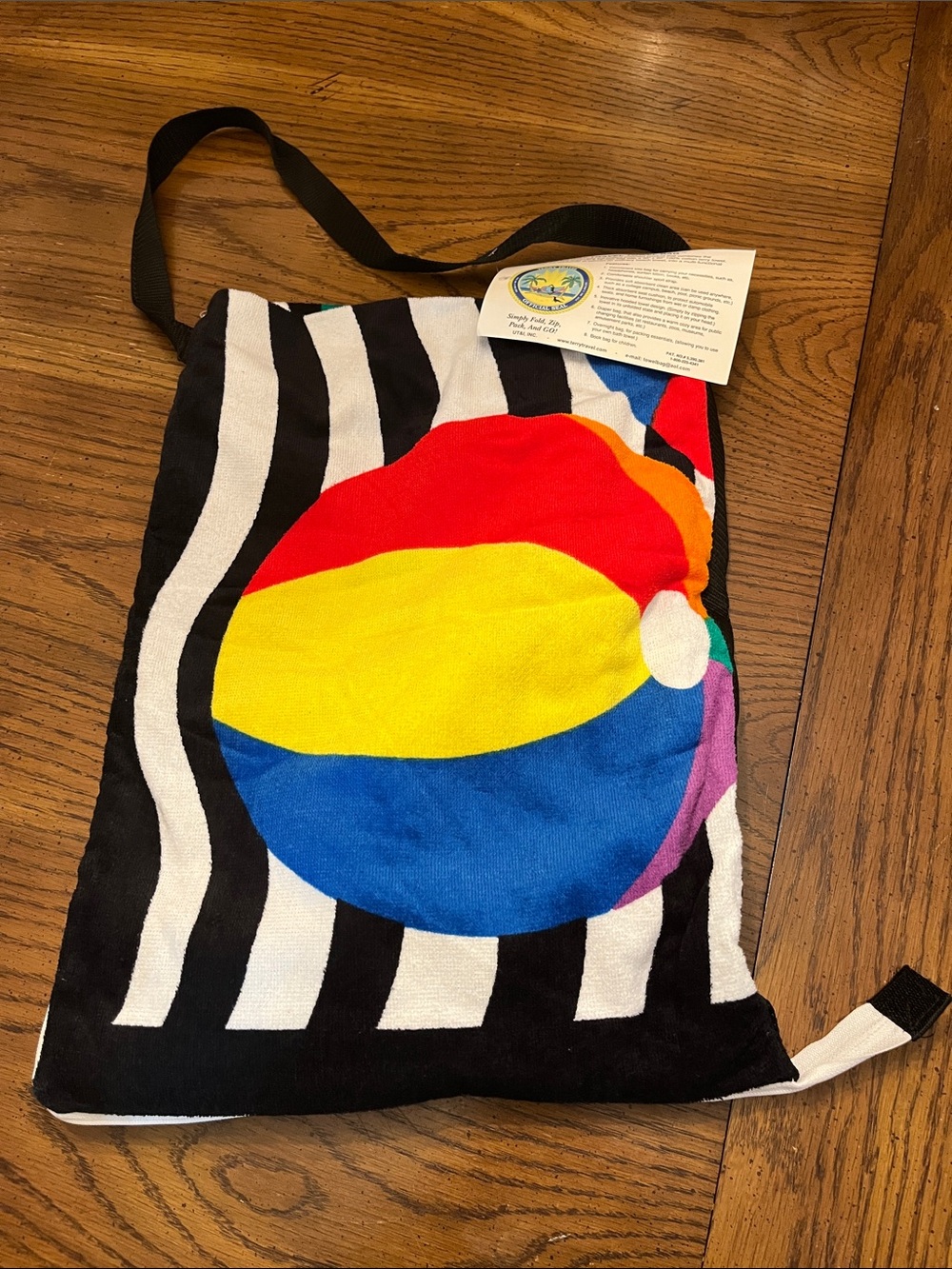 Colorful Beach Ball Terry Tote Bag in Black and Multicolor, new with tags